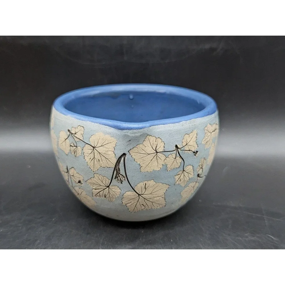 Vintage Wizards Of Clay Studio Art Pottery Impressed Leaf Blue Batter Bowl 5